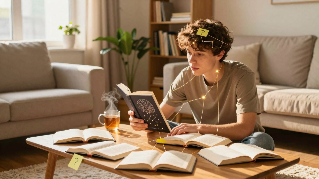 Jovem sentado no chão lendo livros espalhados sobre a mesa, com uma xícara de chá ao lado.