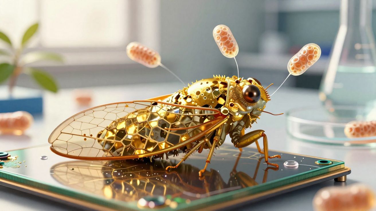 Inseto metálico dourado estilo robô sobre chip eletrônico com micro-organismos flutuantes ao fundo.