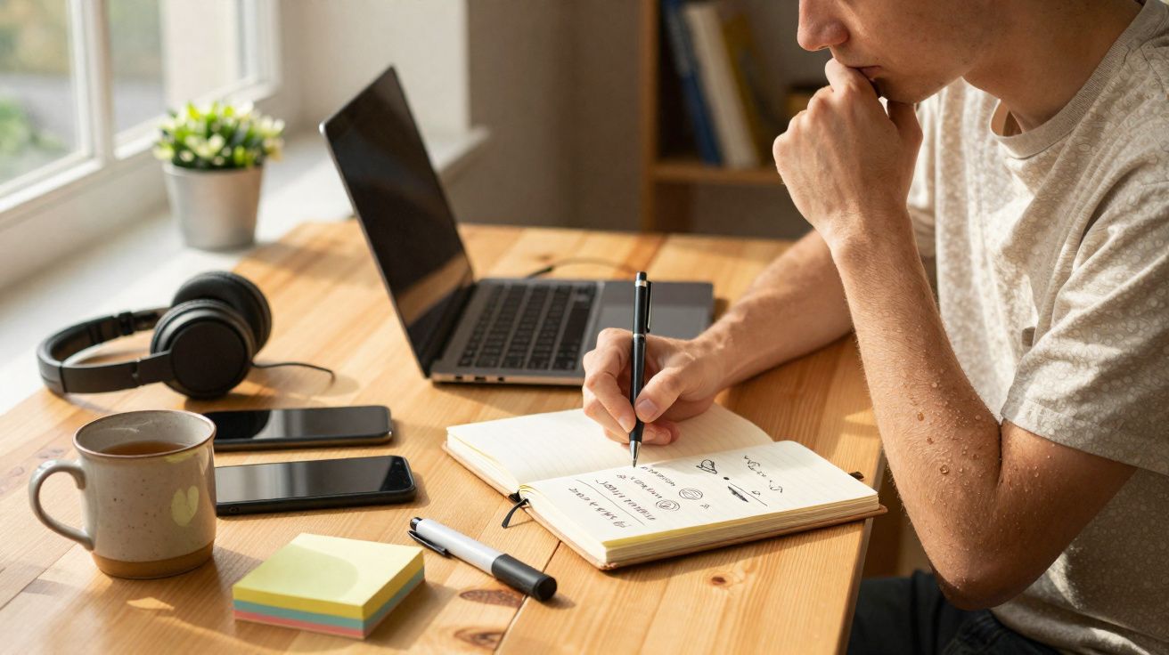 Pessoa escrevendo anotações em caderno com laptop, fones, celular e café em mesa de madeira perto da janela.