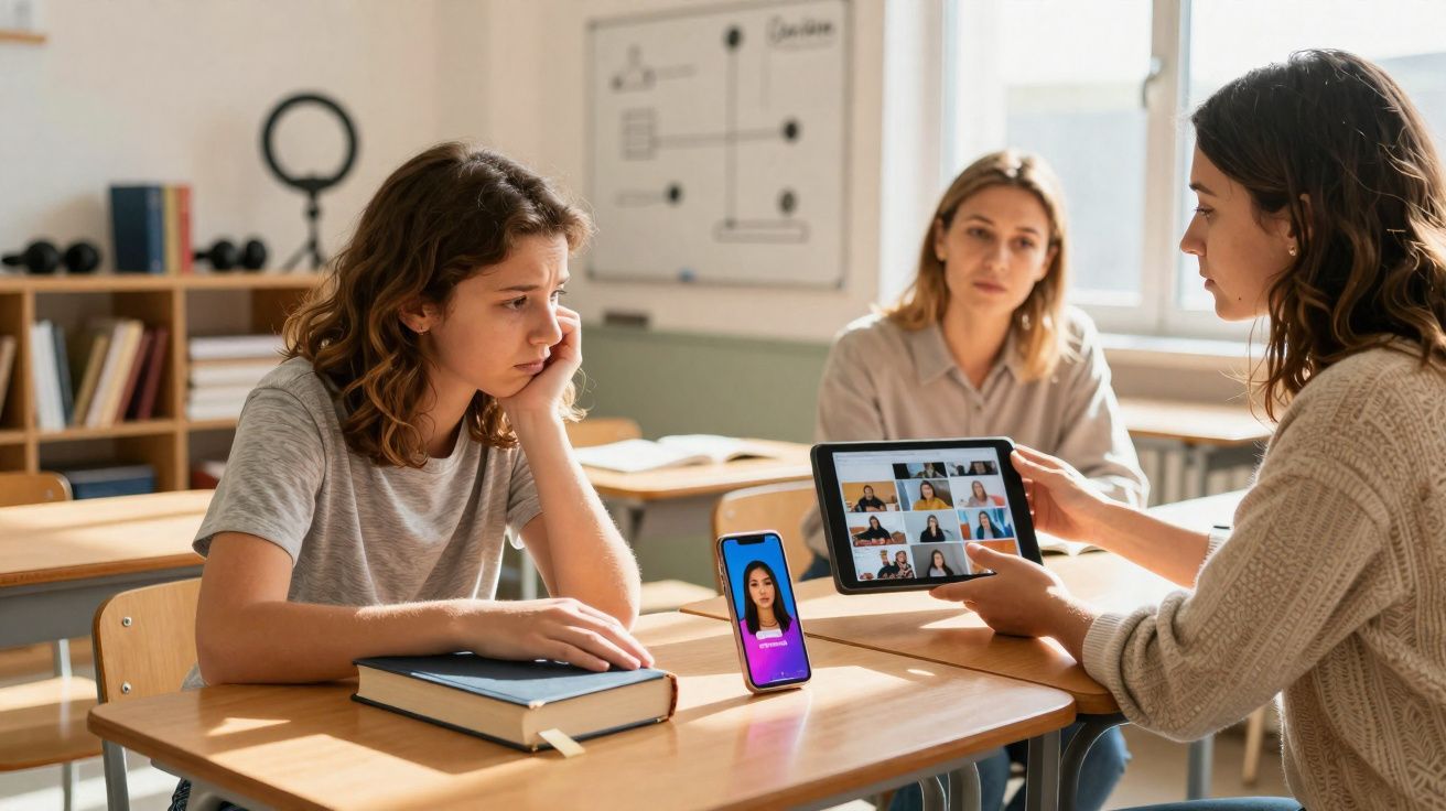 Alunas em sala de aula com expressão preocupada durante conversa, usando tablet e celular para aulas online.