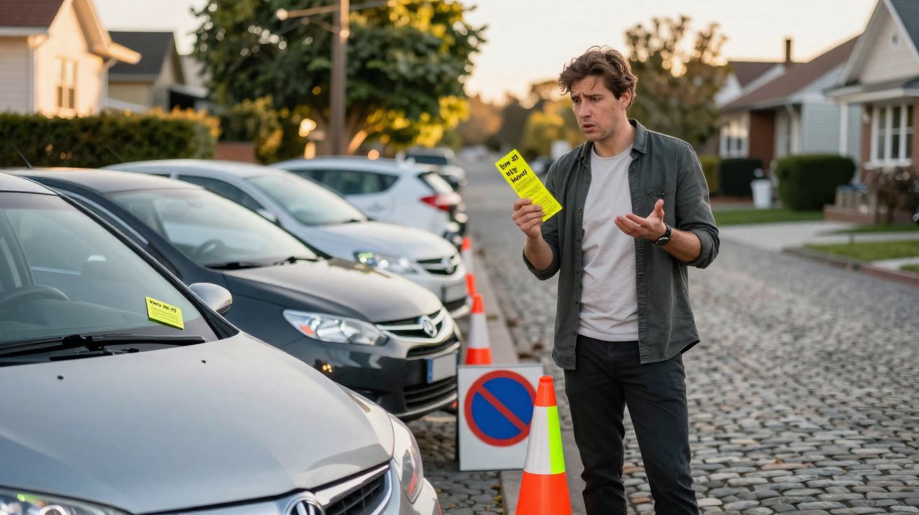 Homem confuso lendo multa de estacionamento ao lado de carros estacionados em rua com cones e placas.