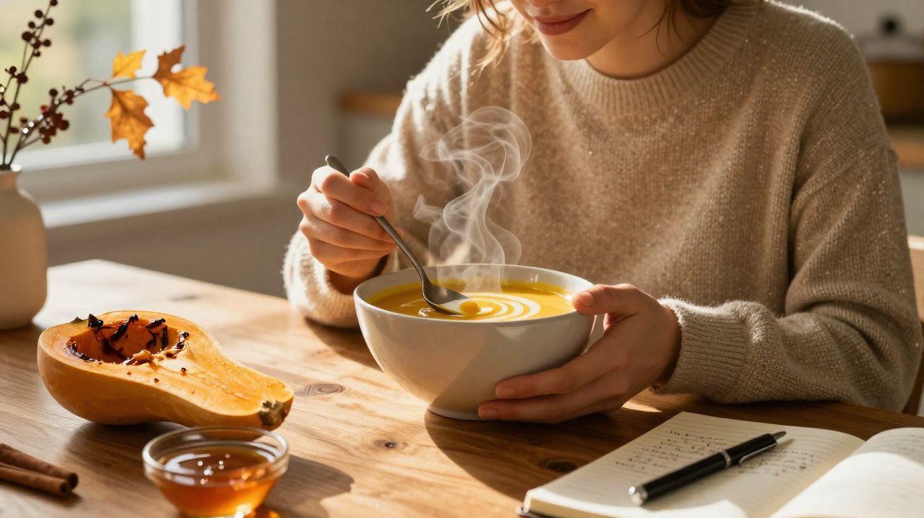 Pessoa segurando tigela de sopa quente com colher, abóbora, mel e caderno sobre mesa de madeira.
