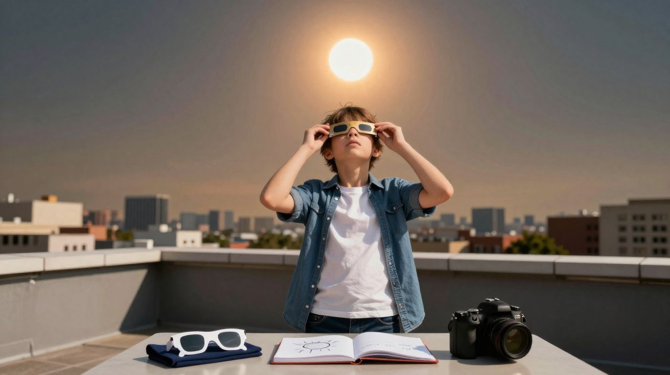Criança usando óculos especiais para observar o sol no terraço ao entardecer, com câmera e livro na mesa.
