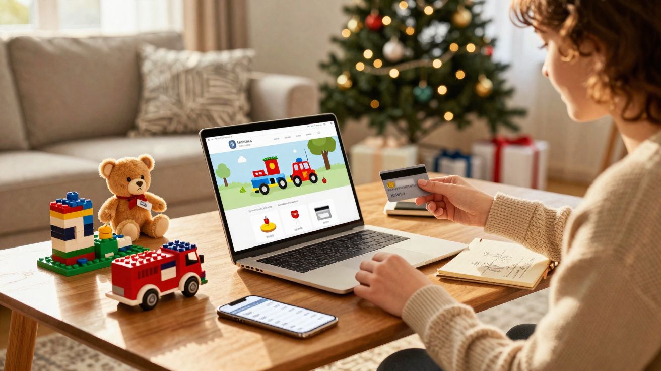 Pessoa comprando brinquedos online em laptop, com cartão de crédito e árvore de Natal ao fundo.