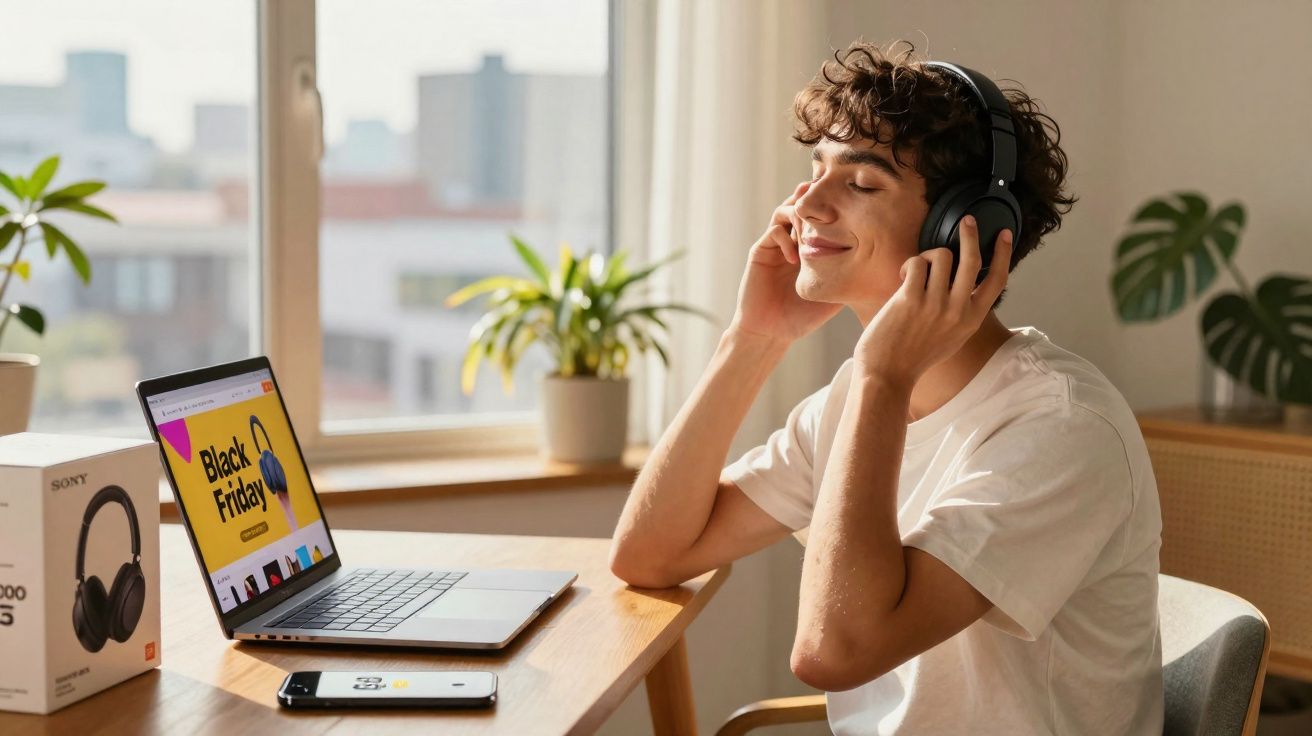 Jovem com fones de ouvido desfrutando música perto de laptop com promoção de Black Friday.
