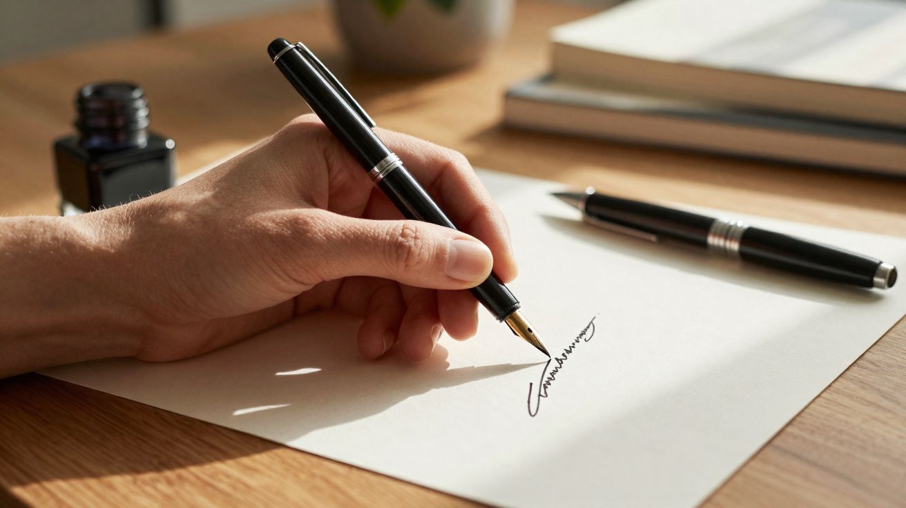 Mão escrevendo assinatura com caneta tinteiro em papel branco sobre mesa de madeira.