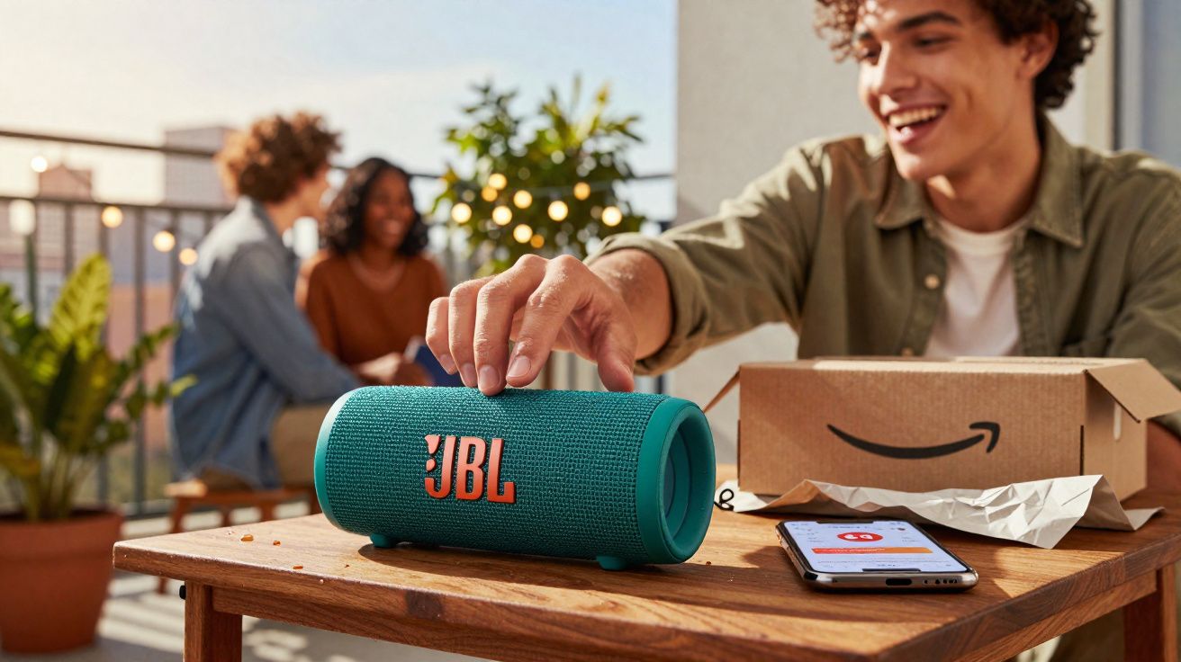 Jovem sintoniza caixa de som JBL azul em uma mesa com celular e caixa da Amazon, enquanto amigos conversam ao fundo.