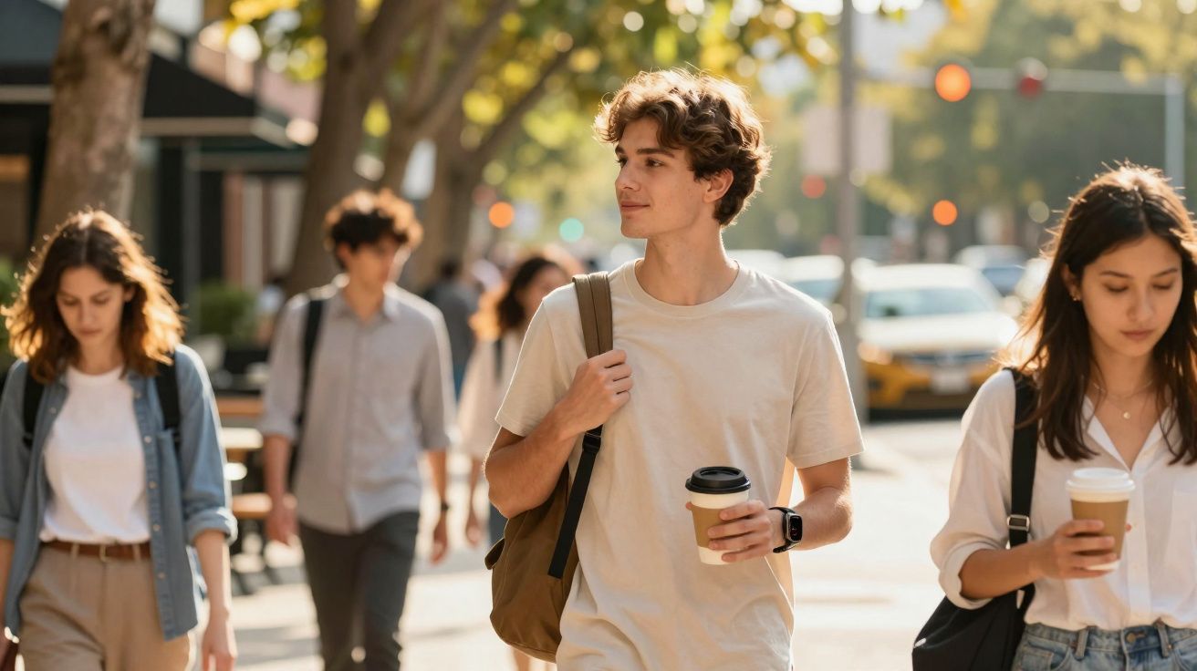 Grupo de jovens caminhando na rua ensolarada segurando copos de café para viagem.