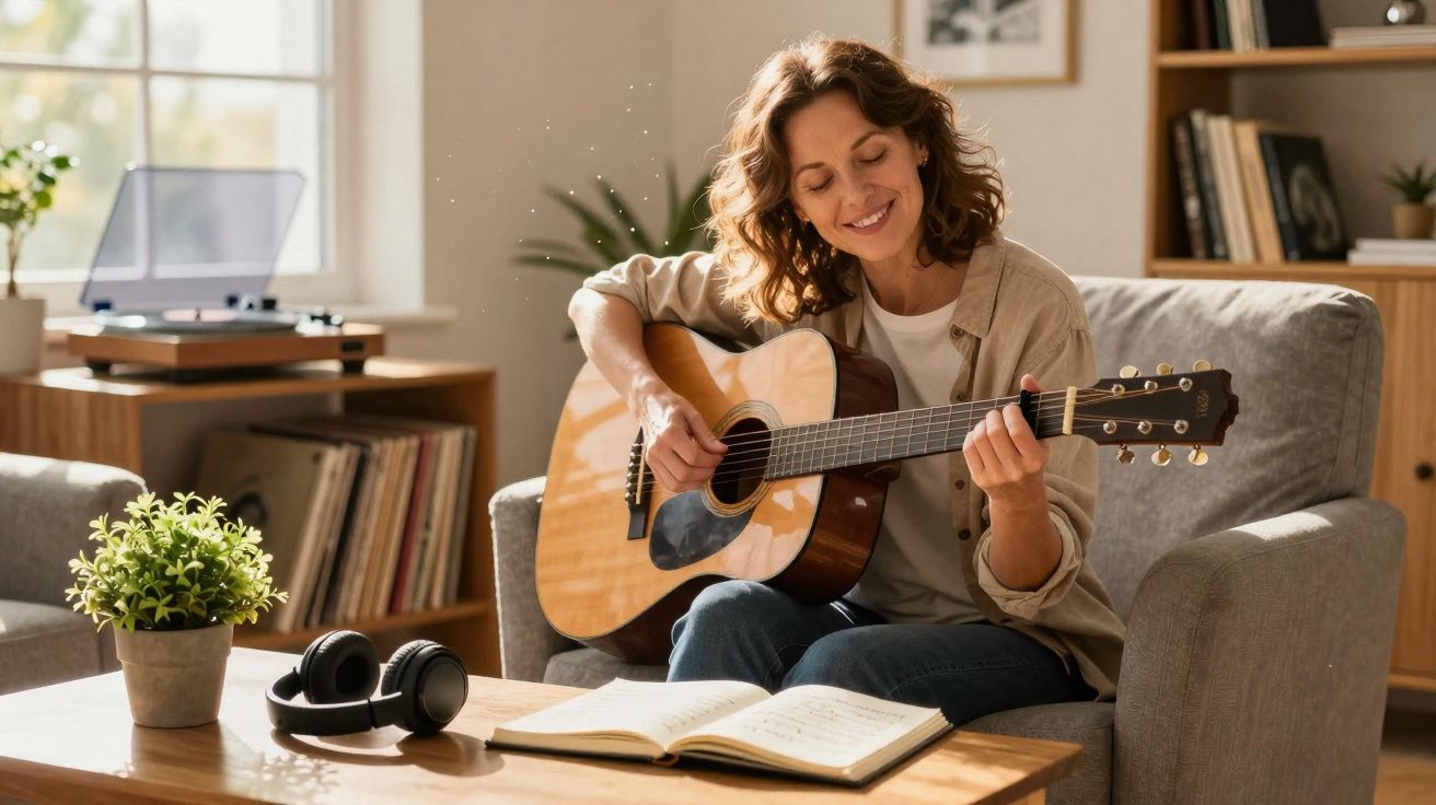 Mulher sorridente tocando violão sentada no sofá, com livro de música aberto e fones sobre a mesa.