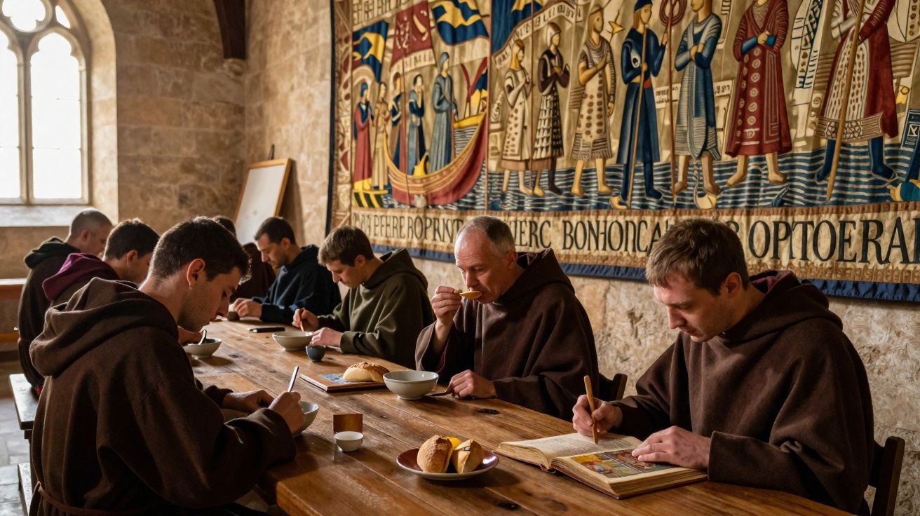Grupo de monges vestidos com hábitos marrons comendo e lendo em mesa de madeira em ambiente antigo.