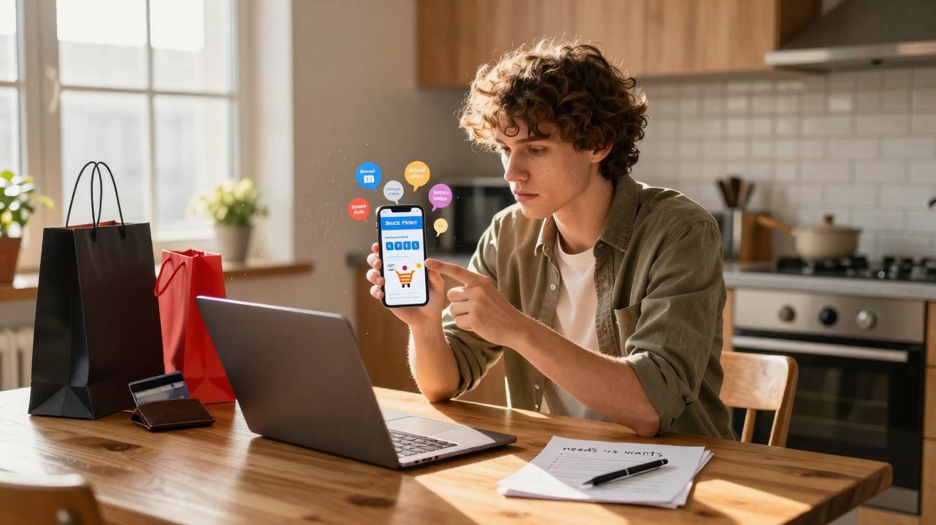 Jovem sentado à mesa usando smartphone para compras online com laptop, sacolas e anotações à sua frente.