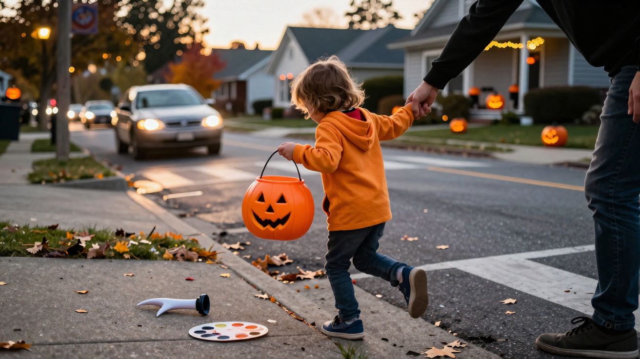 Criança segurando balde de abóbora para Halloween, indo para pedir doces, puxada pela mão de um adulto.