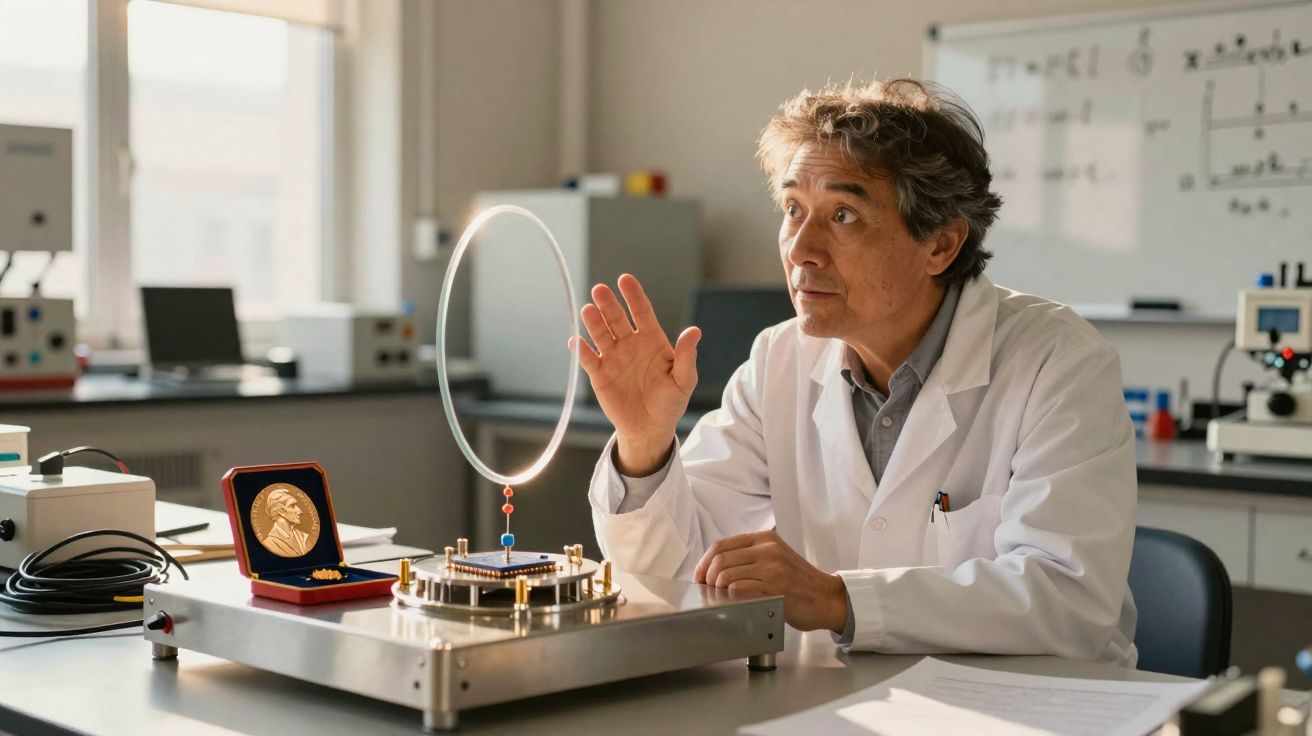 Cientista em laboratório explicando experimento com equipamento e medalha Nobel ao lado.