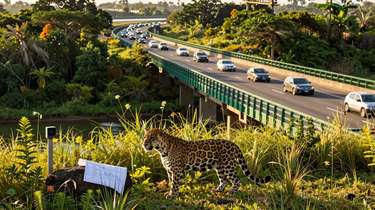 Onça-pintada em vegetação próxima a ponte com fluxo de carros em área urbana rodeada por natureza.