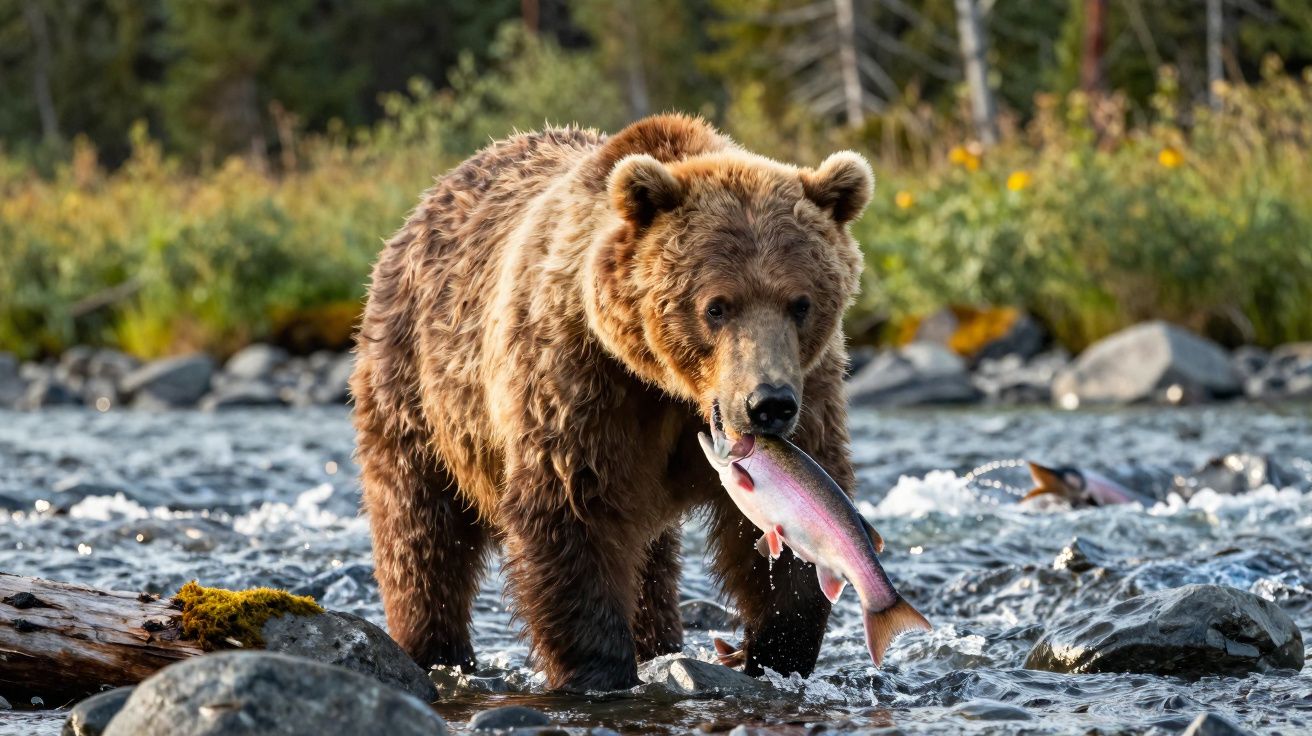 Urso-pardo em riacho com peixe na boca cercado por pedras e vegetação ao fundo.