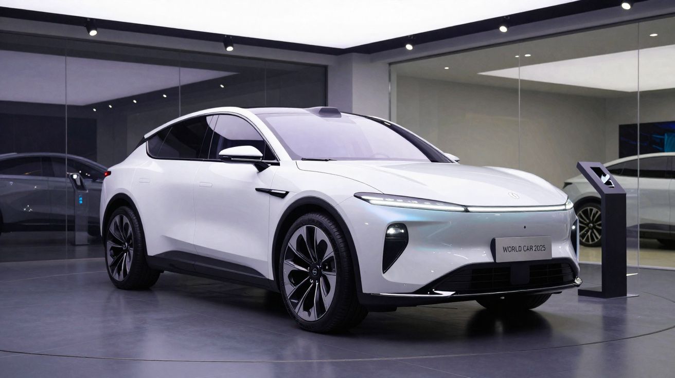 Carro elétrico branco moderno exposto em salão, com design aerodinâmico e rodas grandes.