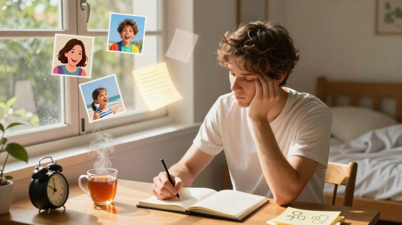 Jovem sentado à mesa escrevendo em um caderno, com fotos animadas e papéis flutuando perto da janela.