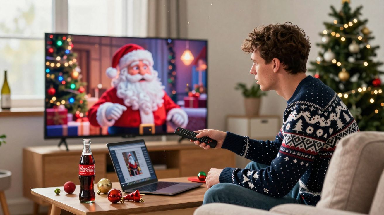 Jovem com suéter natalino segura controle remoto assistindo Papai Noel animado na TV em sala decorada para Natal.