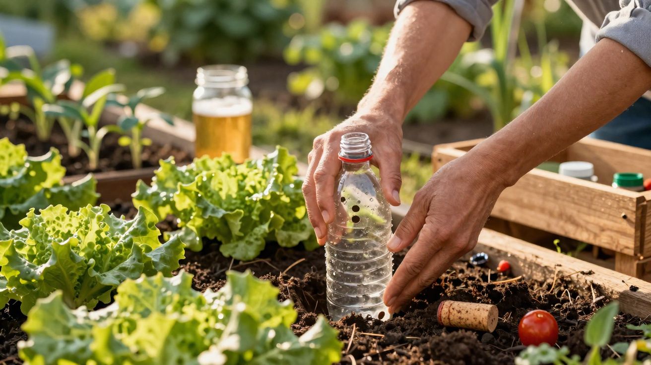 Pessoa usando garrafa plástica como mini estufa para planta em canteiro de horta com alface.