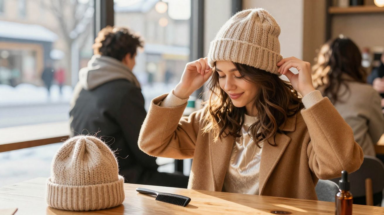 Mulher sorrindo ajusta gorro em cafeteria, com outro gorro e pente sobre a mesa de madeira.