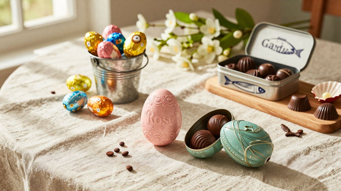 Ovos de Páscoa decorativos e chocolates em embalagem metálica sobre mesa com toalha bege.