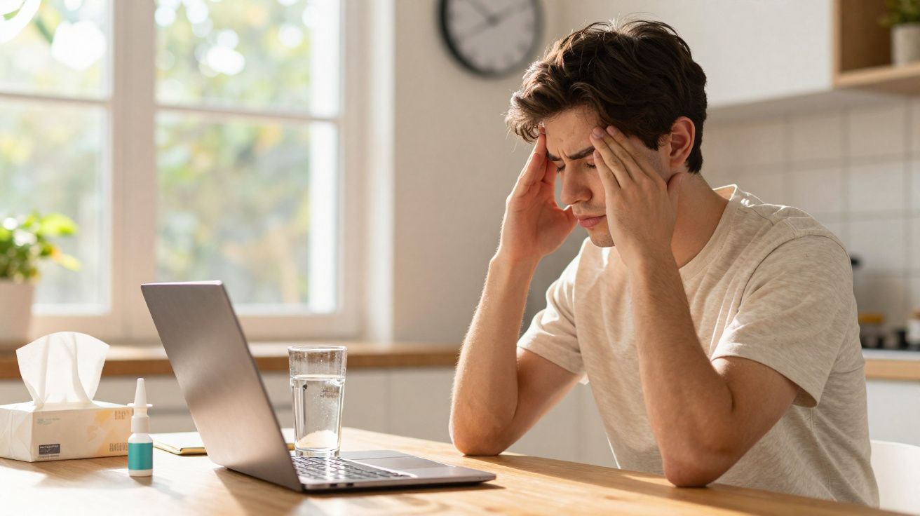Jovem sentado à mesa com laptop, segurando a cabeça, aparentando cansaço ou dor de cabeça.