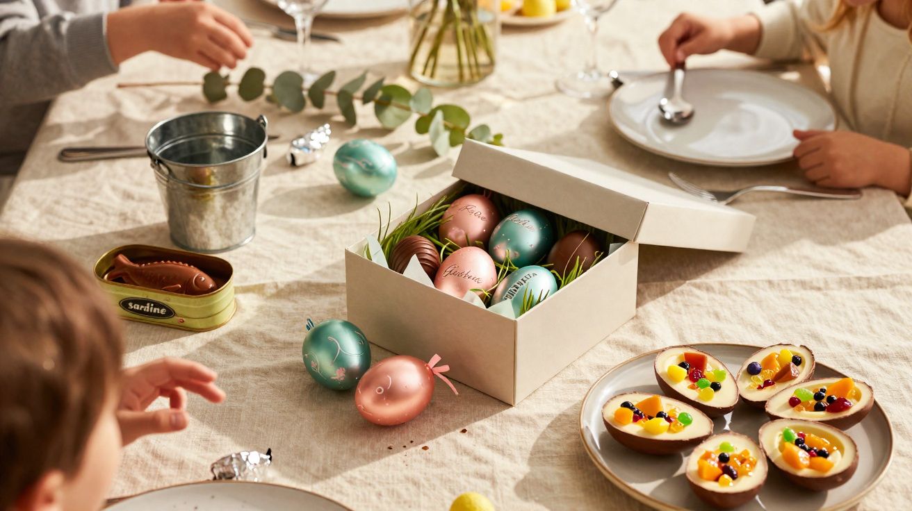 Caixa com ovos de Páscoa decorados, crianças ao redor da mesa com pratos e petiscos variados.