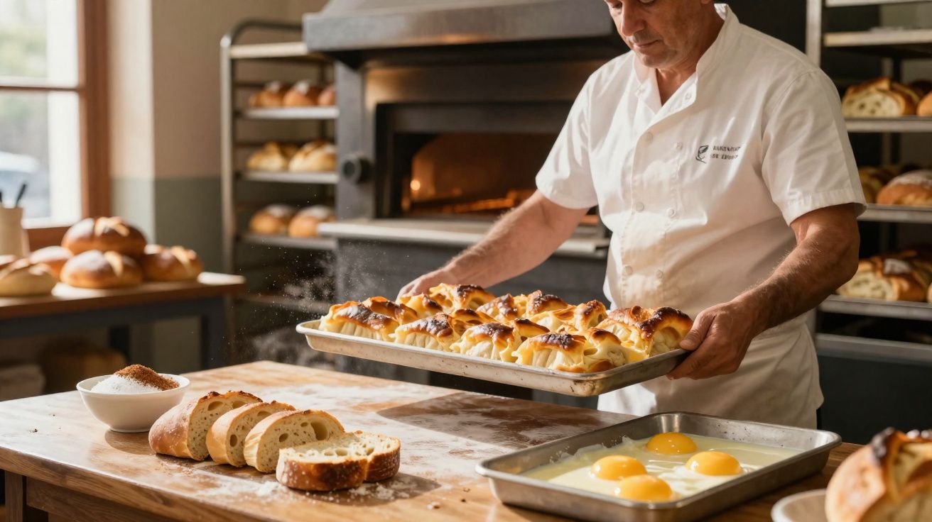 Padeiro segurando forma com pães doces recém-assados em bancada com pão fatiado e ovos crus em formas.