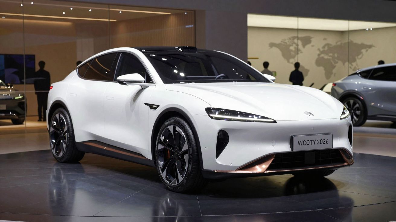 Carro elétrico branco estilizado em exposição, com design futurista e rodas pretas brilhosas.