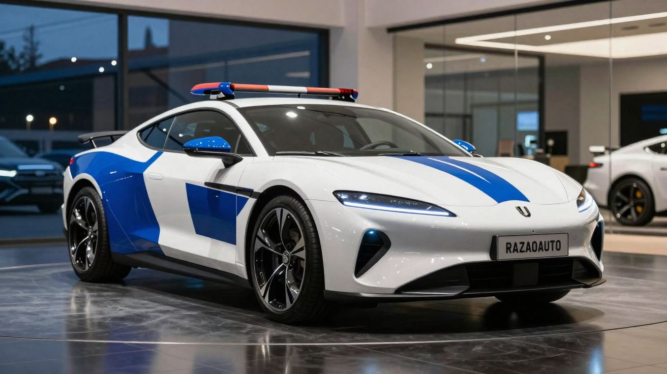 Carro esportivo branco com faixas azuis e sirene, estilo viatura policial, em showroom sofisticado.