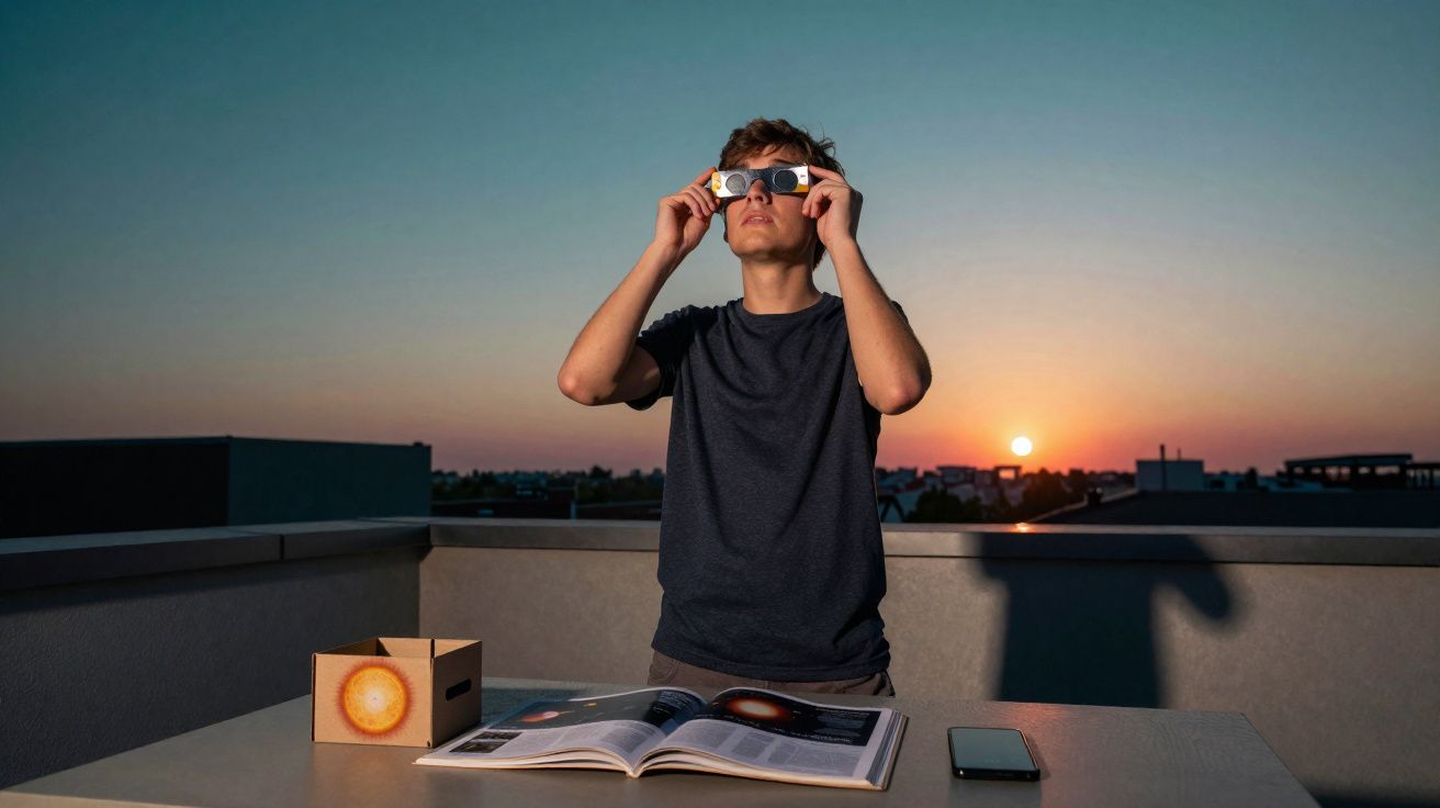 Homem observa eclipse solar com óculos especiais ao pôr do sol em uma cobertura, com livros e celular na mesa.