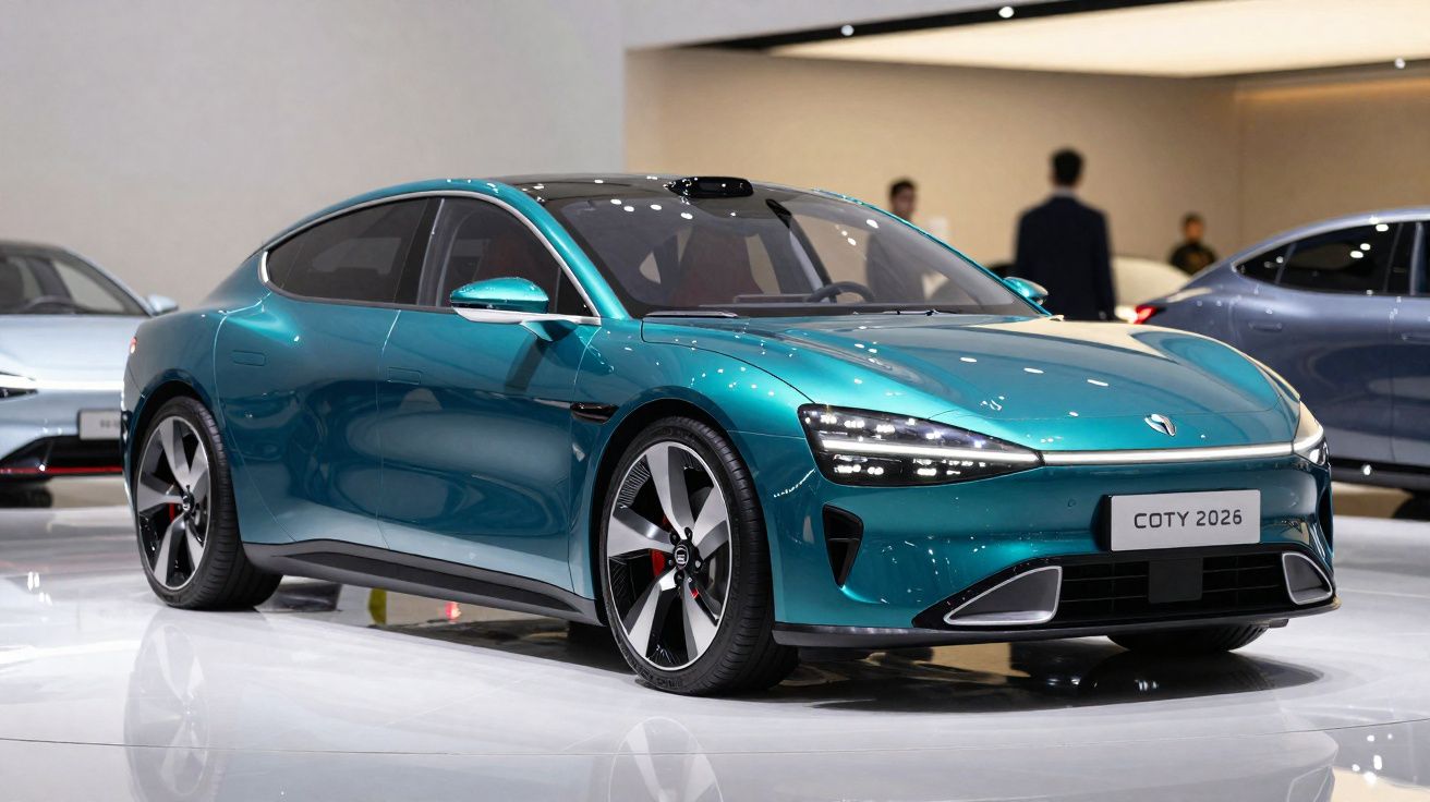 Carro esportivo elétrico azul em exposição, com design aerodinâmico e faróis de LED modernos.