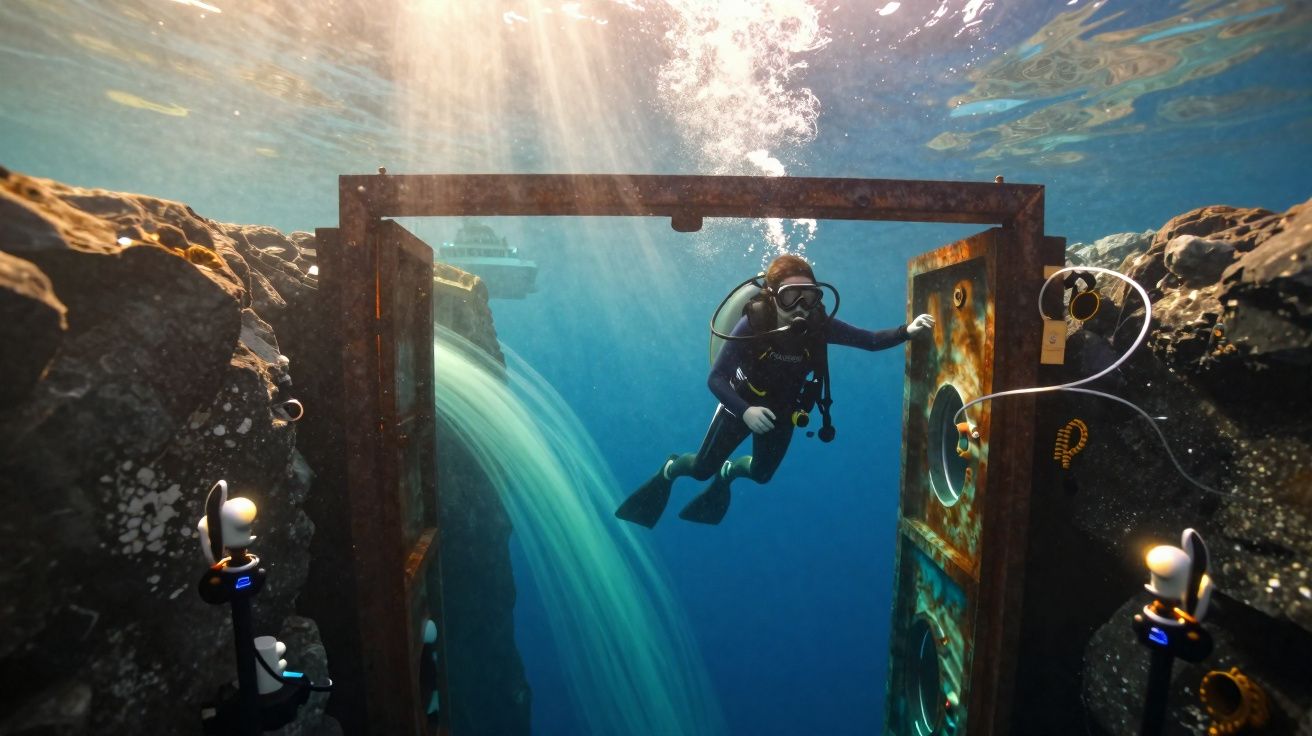 Mergulhador explorando porta submersa entre rochas com luzes e água clara ao redor.