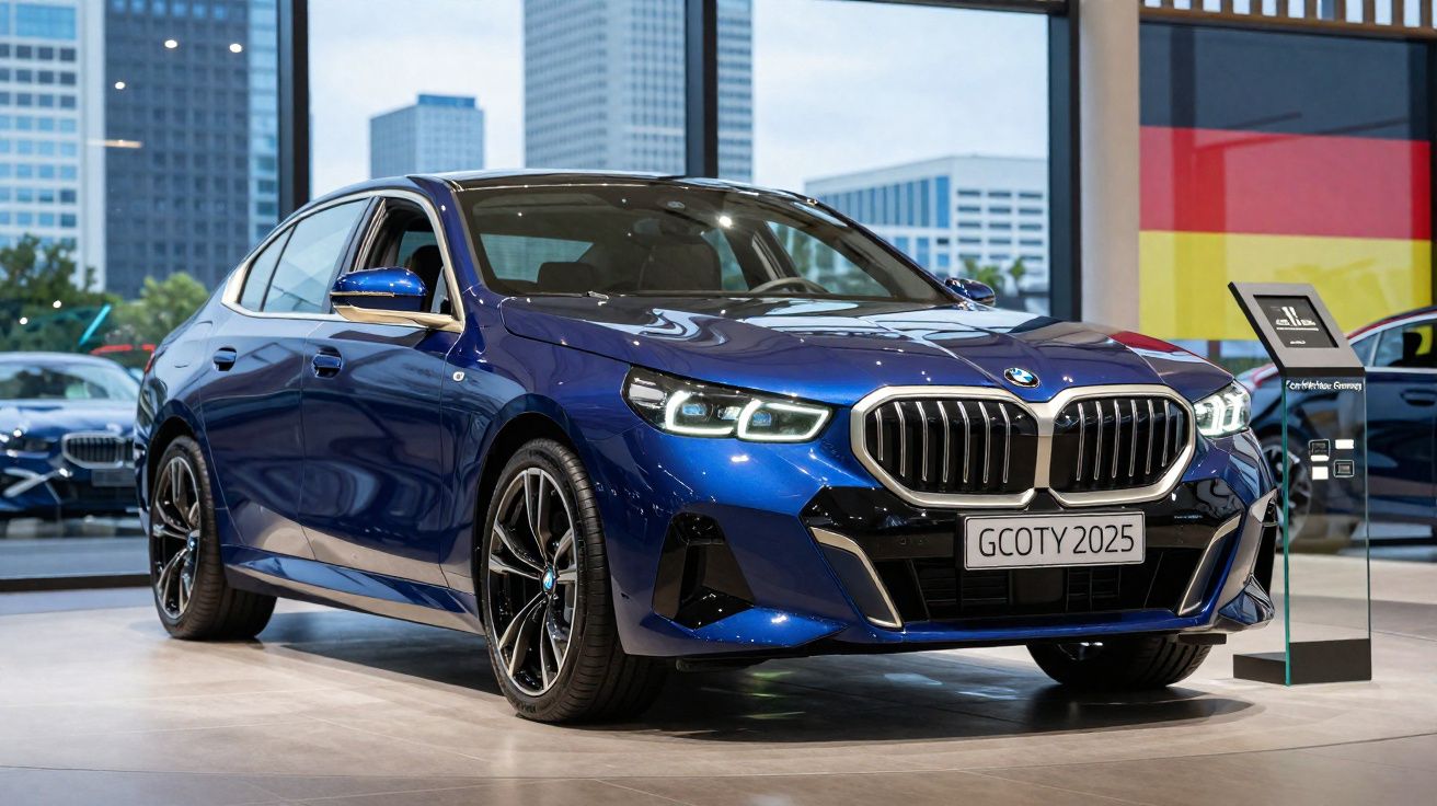 Carro sedan BMW azul 2025 exibido em showroom moderno com edifícios ao fundo.