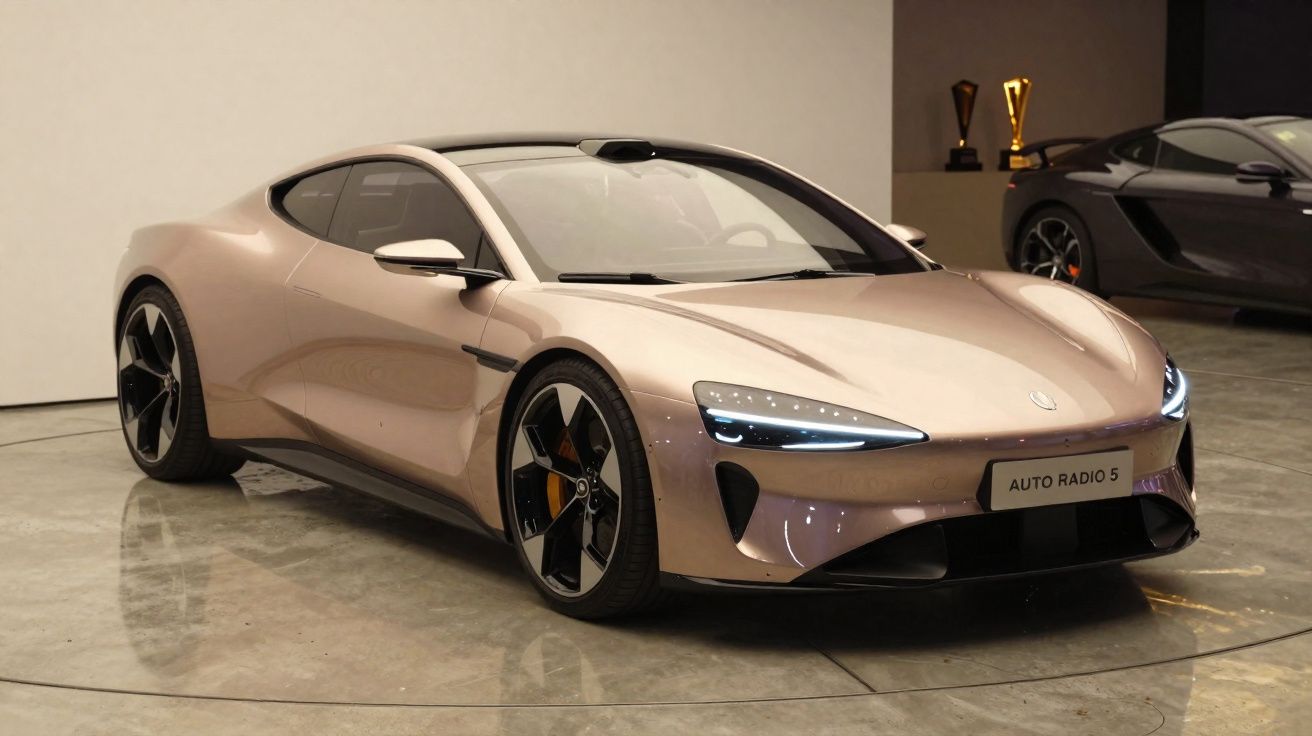 Carro esportivo elétrico futurista em exposição, com design aerodinâmico e faróis de LED ligados.