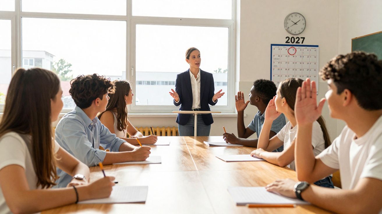 Professora falando com alunos atentos em sala de aula, com alguns levantando a mão para participar.