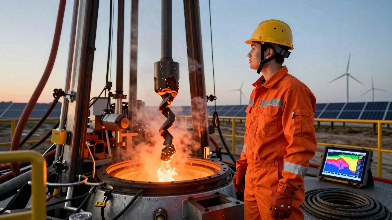 Trabalhador em macacão laranja e capacete observa equipamento industrial com fogo e turbinas ao fundo.