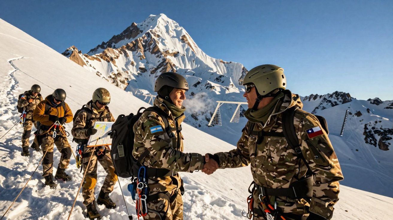 Grupo de militares em roupa camuflada apertando as mãos na neve com montanha ao fundo.