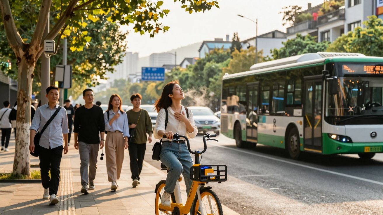 Pessoas caminhando e mulher de bicicleta amarela na calçada de rua com ônibus passando ao lado.