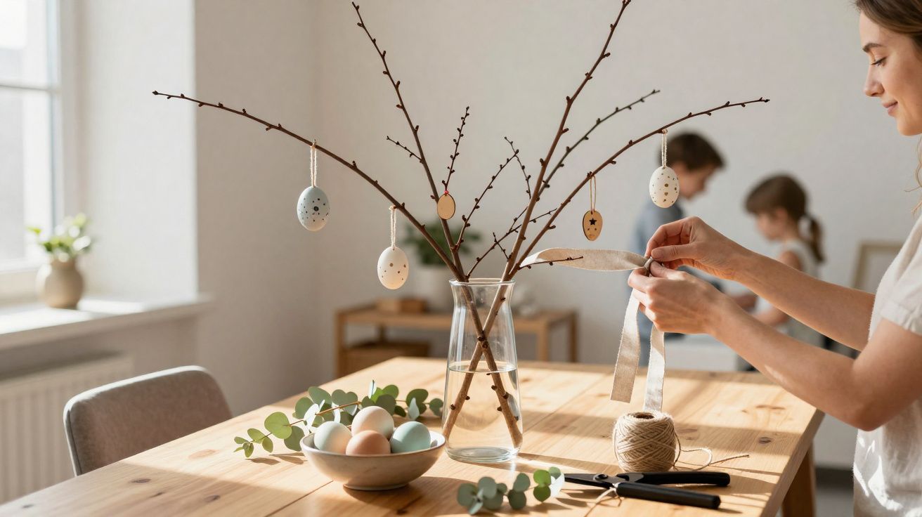 Pessoa decorando galhos com ovos de páscoa pendurados em vaso sobre mesa de madeira com crianças ao fundo.