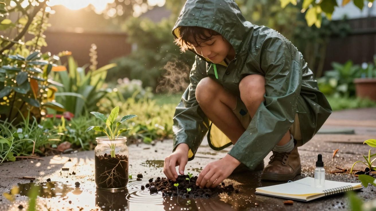 Criança de capa de chuva verde plantando mudas no solo molhado ao ar livre em um dia ensolarado.