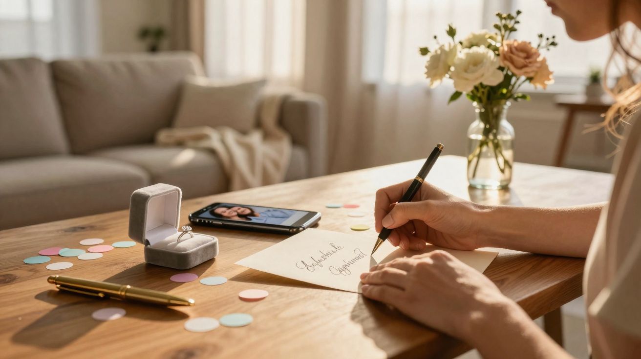 Pessoa escrevendo convite de casamento próximo a aliança, telefone e decoração com flores sobre mesa de madeira.