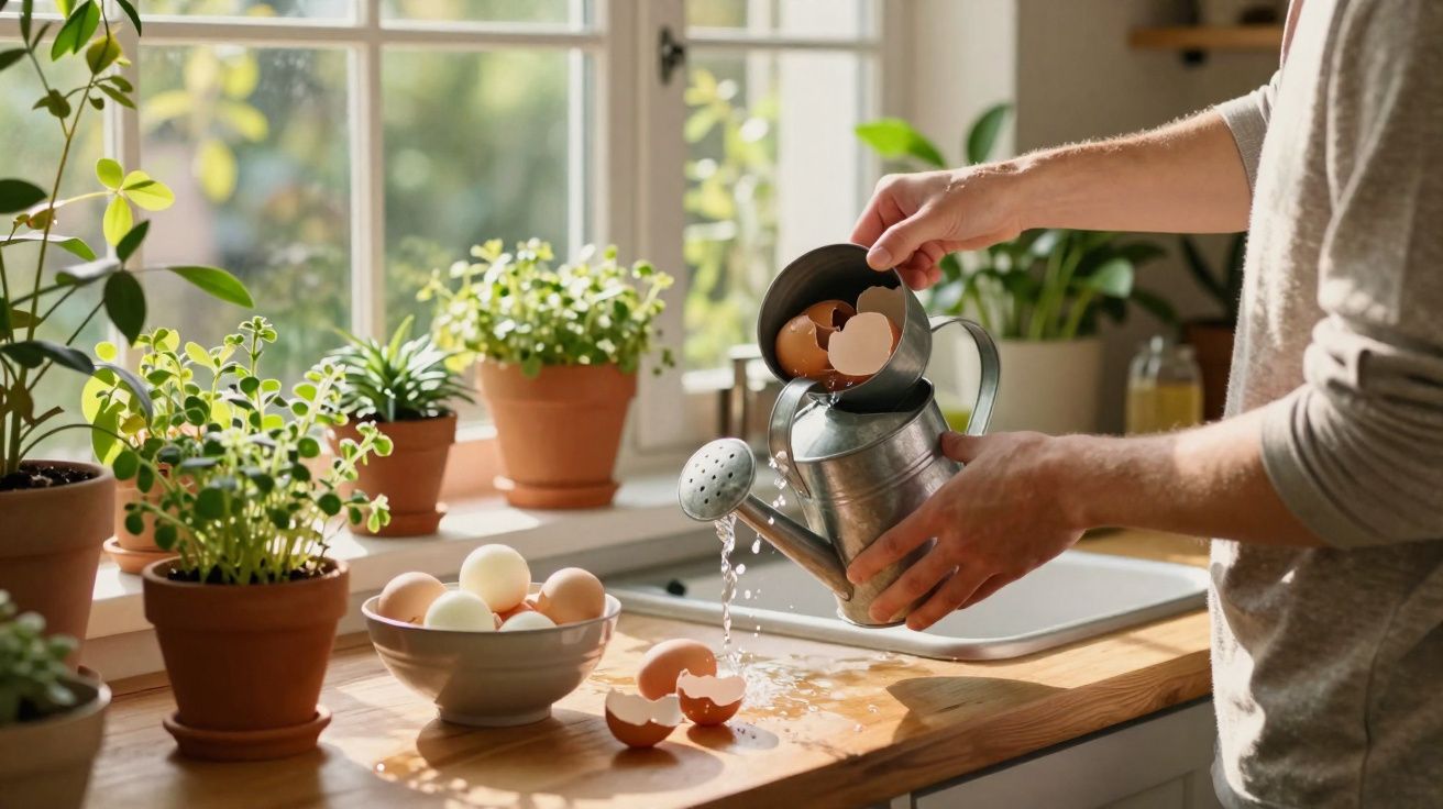 Pessoa despejando cascas de ovos dentro de regador de metal em cozinha com várias plantas na janela.