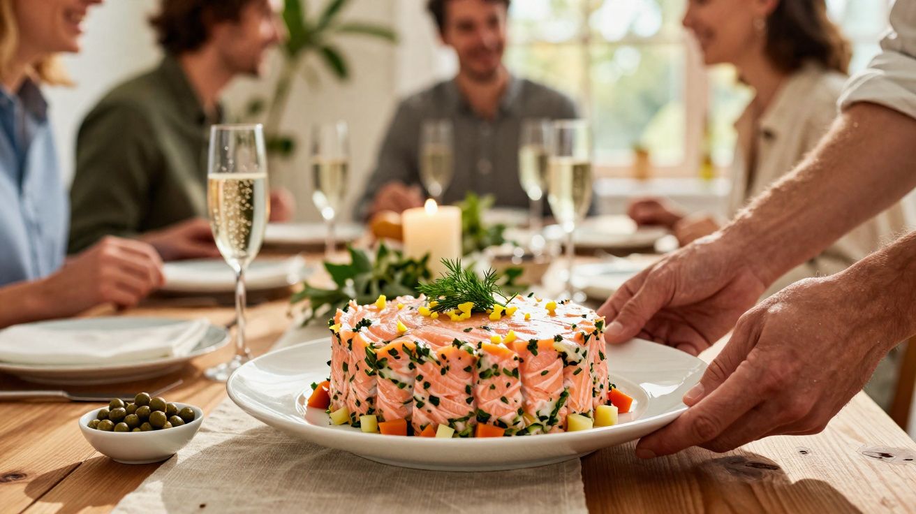 Bolo decorado em prato sendo colocado na mesa de jantar com grupo de pessoas ao fundo brindando.