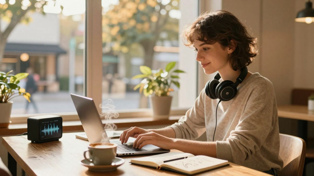 Mulher jovem digitando em laptop com fones de ouvido em uma cafeteria iluminada pela manhã.