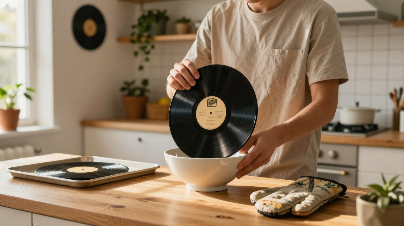 Pessoa segurando disco de vinil sobre tigela na cozinha com decoração moderna e plantas.