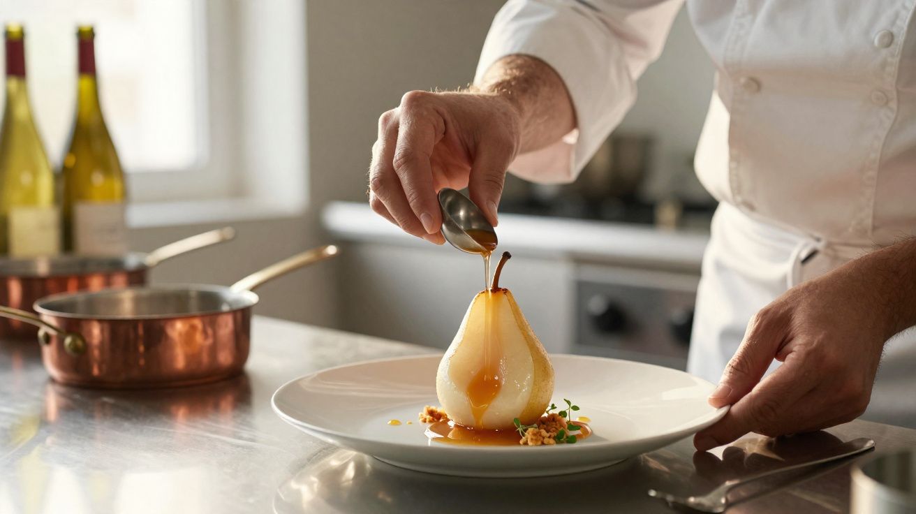 Chef derramando calda sobre pera cozida em prato branco em cozinha profissional.