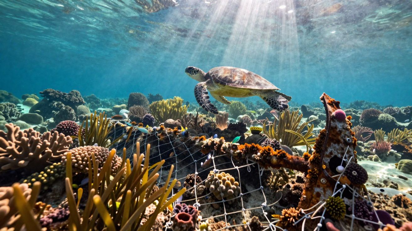 Tartaruga marinha nadando perto de recife com redes presas e luz solar penetrando a água cristalina.