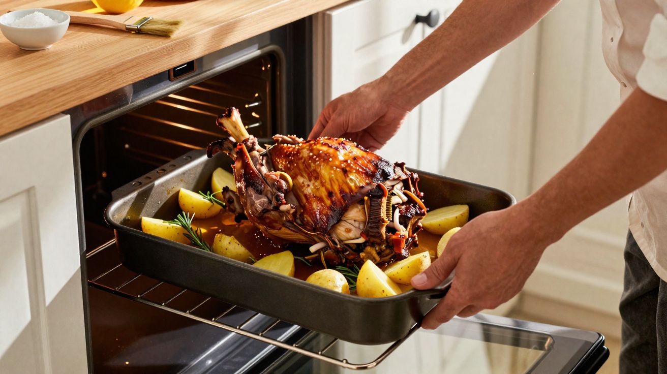 Pessoa colocando assado de carne com batatas em forno de cozinha moderna branca.