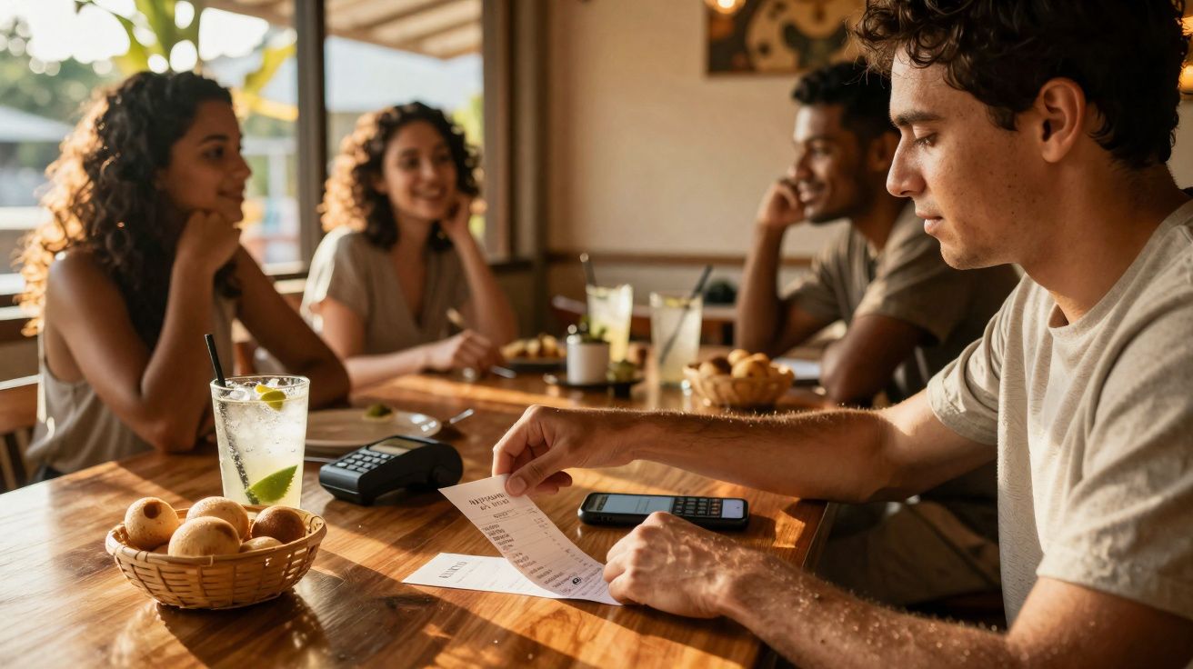 Jovem analisando a conta em restaurante com amigos ao fundo conversando e bebendo.